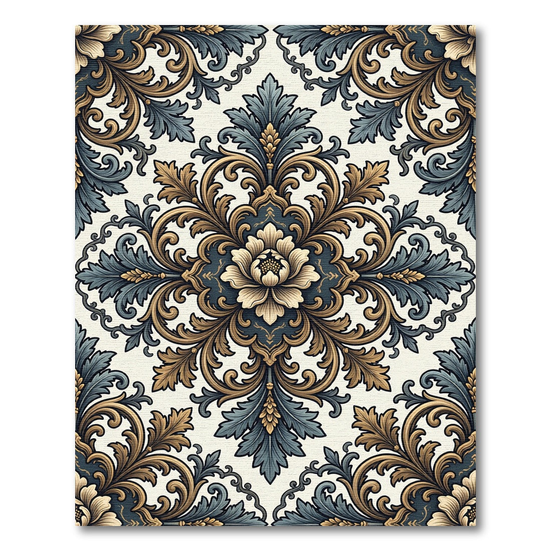 Elegant Slate and Gold Floral Damask Rug