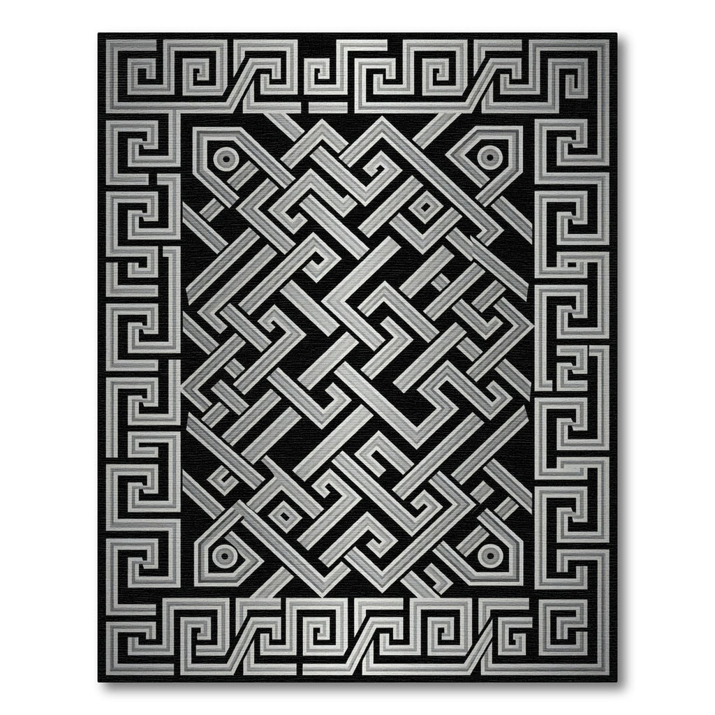 Monochromatic Silver Interlocking Geometric Maze Rug