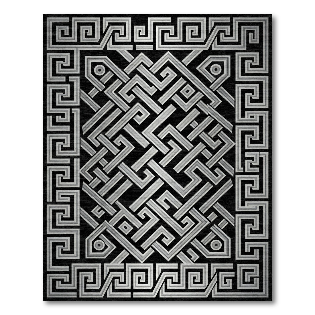 Monochromatic Silver Interlocking Geometric Maze Rug