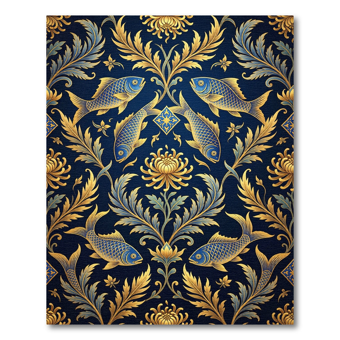 Golden Koi Floral Navy Articulated Rug