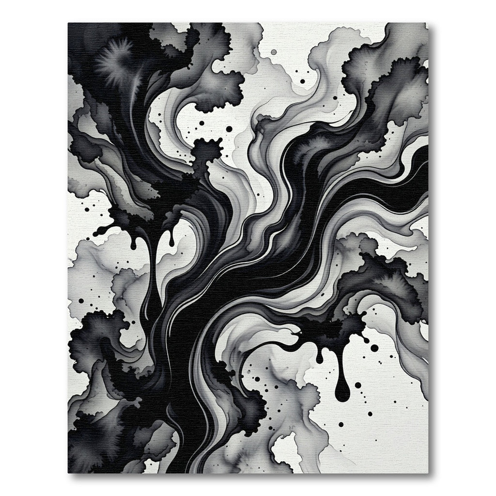 Modern Monochrome Fluid Ink Abstract Art Rug