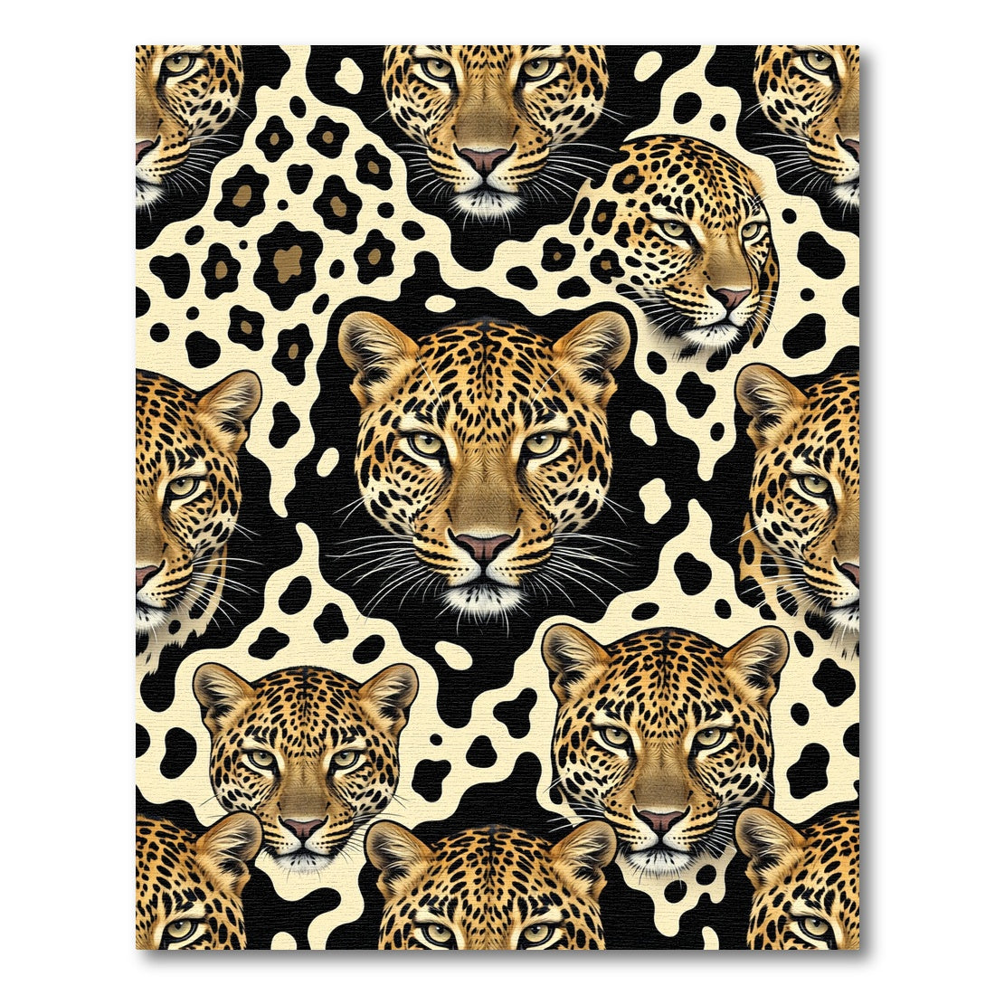Golden Leopard Faces Black Cream Spots Rug