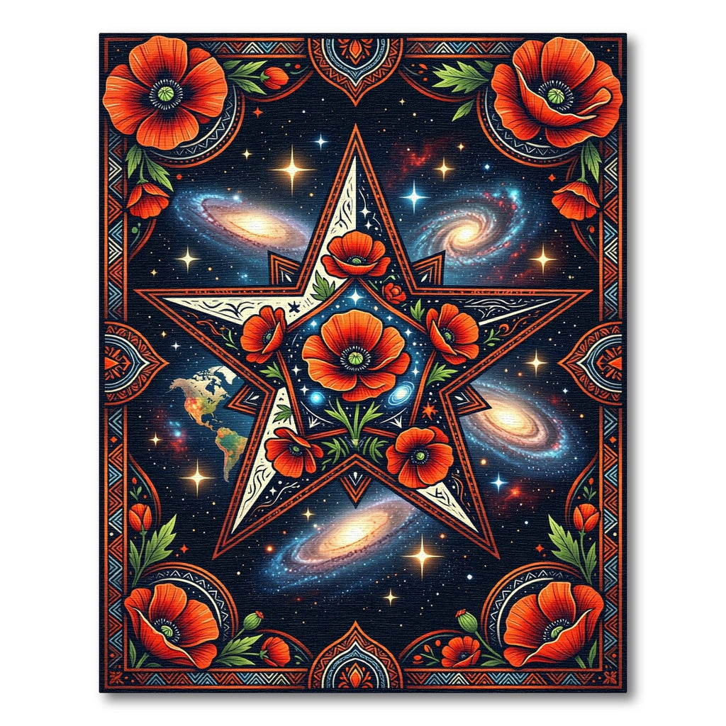 Cosmic Red Poppy Star Mandala Rug