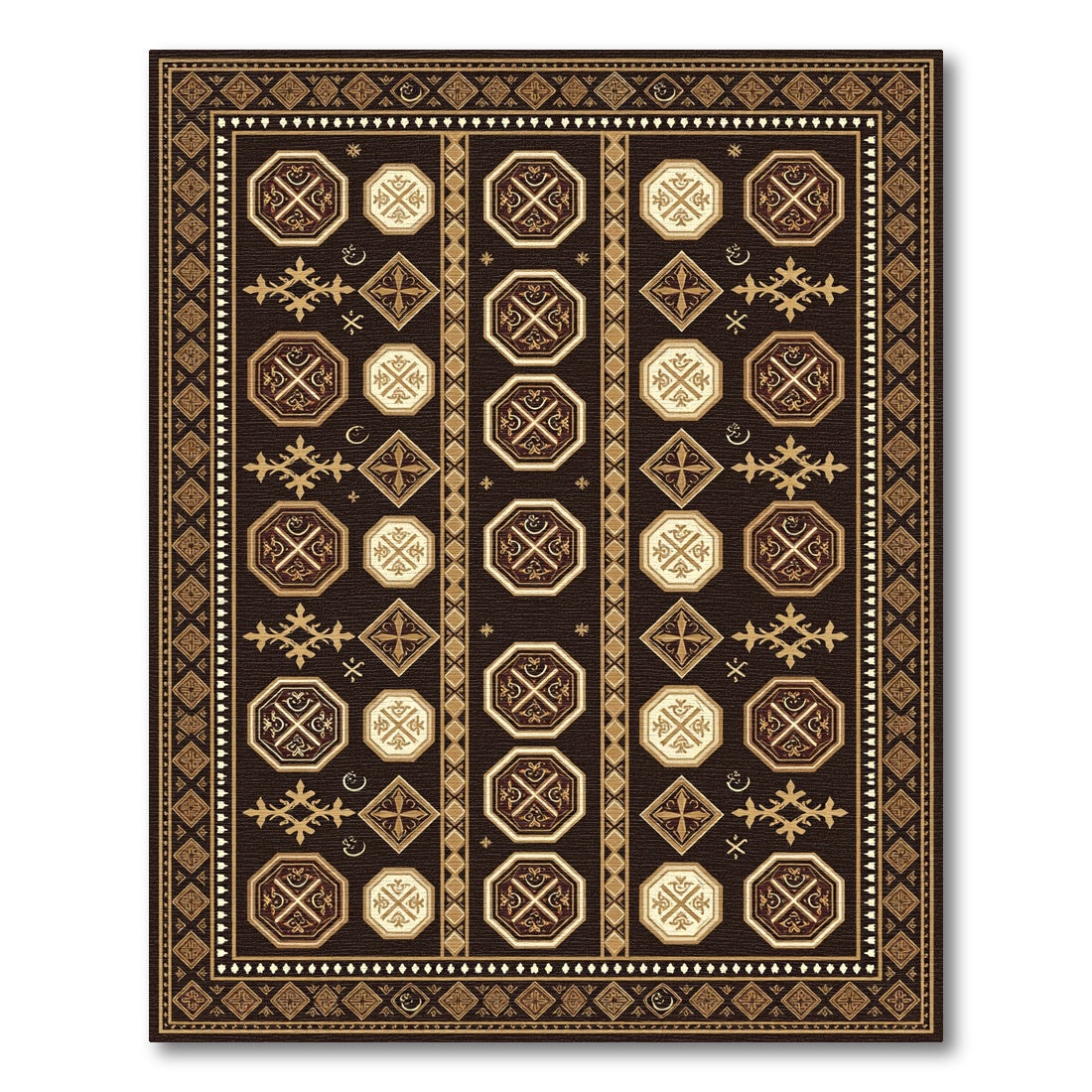 Rich Brown Gold Geometric Octagon Rug