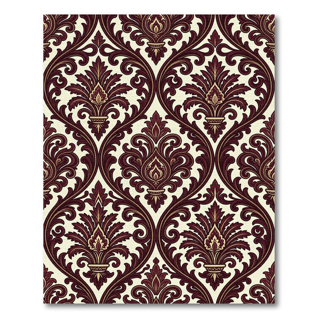 Elegant Damask Scroll Burgundy Cream Art Rug