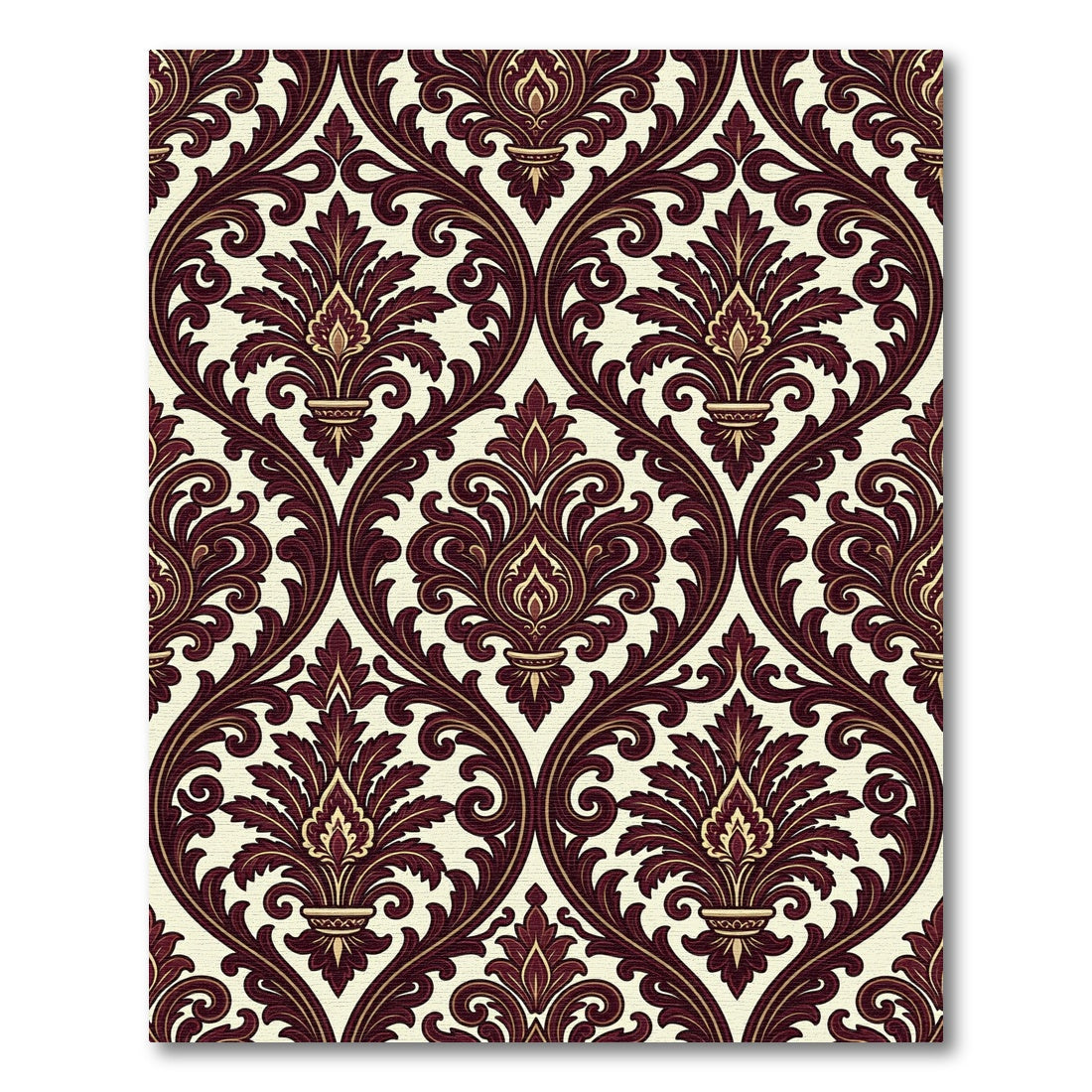 Elegant Damask Scroll Burgundy Cream Art Rug