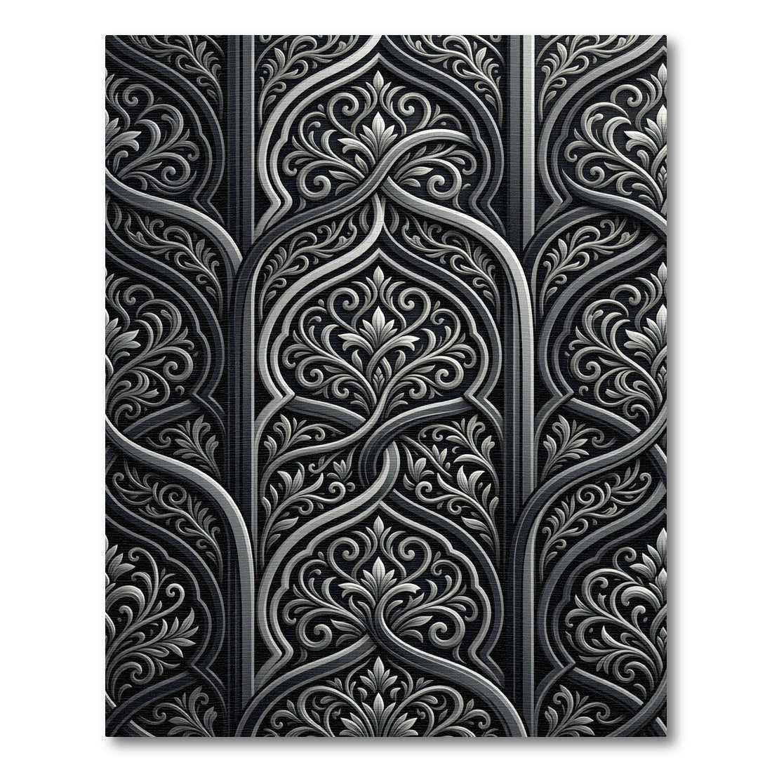 Intricate Black Silver Arabesque Floral Rug