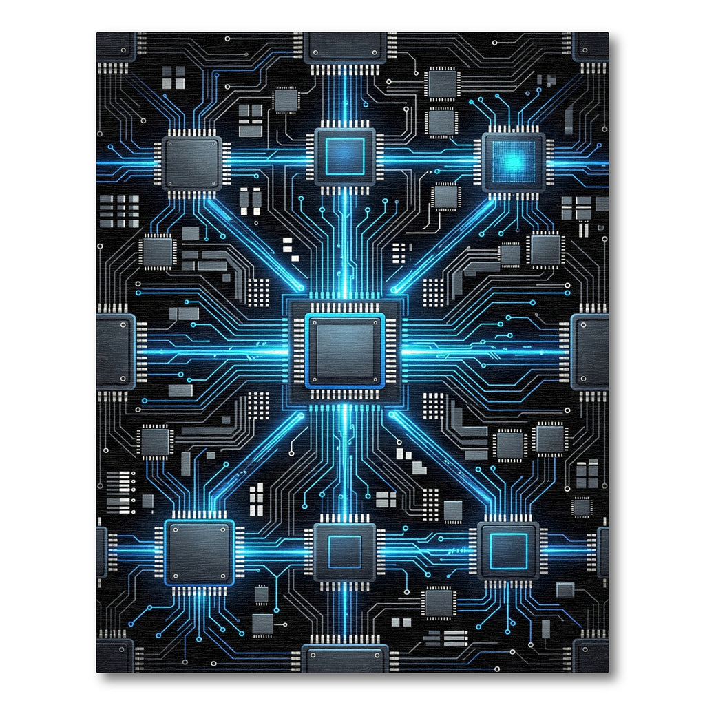 Neon Cyber Circuitry Electric Blue Grid Rug