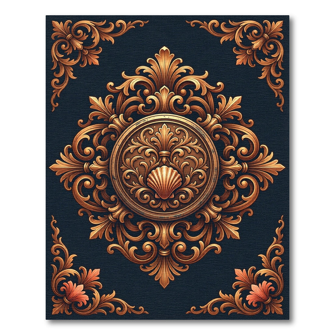 Ornate Gold Baroque Shell Medallion Rug