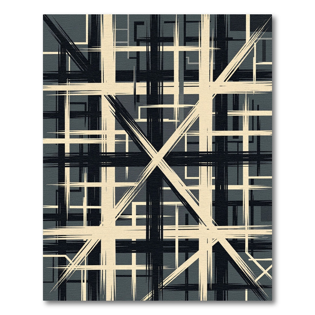 Black and Cream Linear Geometric Composition Rug