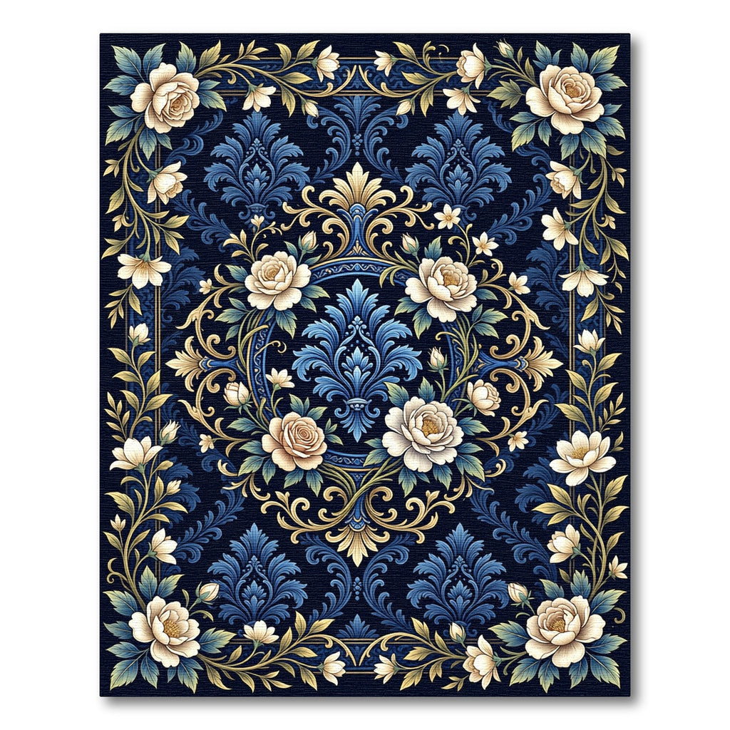 Navy Floral Damask with Golden Accents Rug