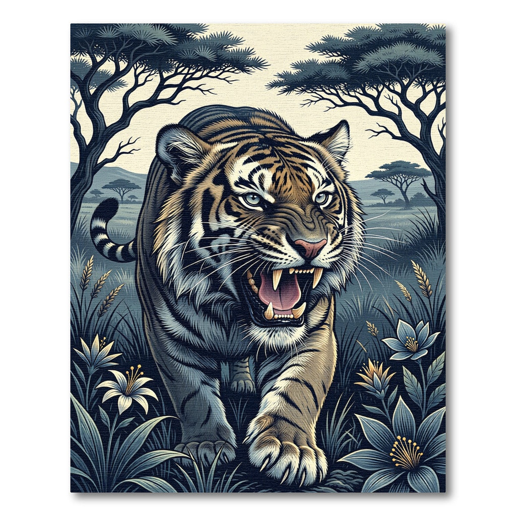 Fierce Tiger Roaring Among Jungle Blooms Rug