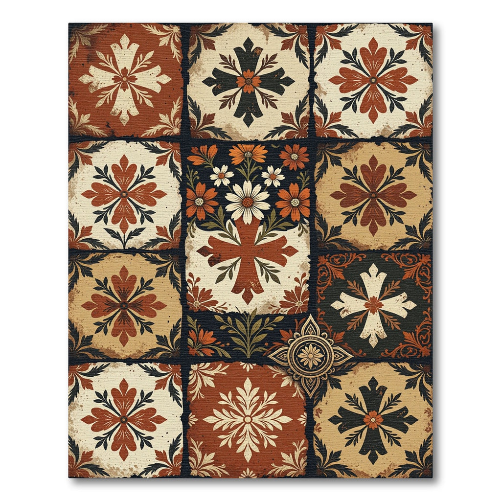 Rustic Terracotta Floral Tile Patchwork Rug