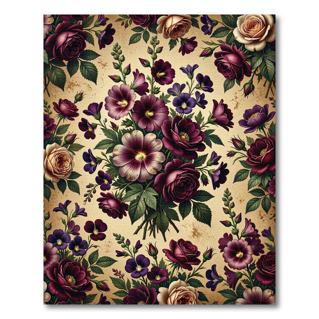 Deep Plum Ivory Rose Hollyhock Medley Rug