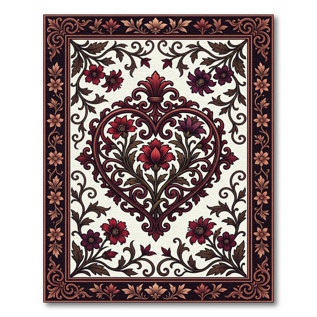 Elegant Crimson Floral Heart Scroll Accent Rug