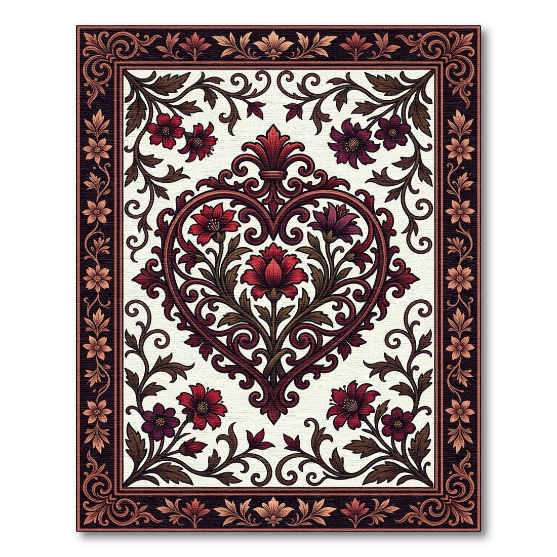 Elegant Crimson Floral Heart Scroll Accent Rug