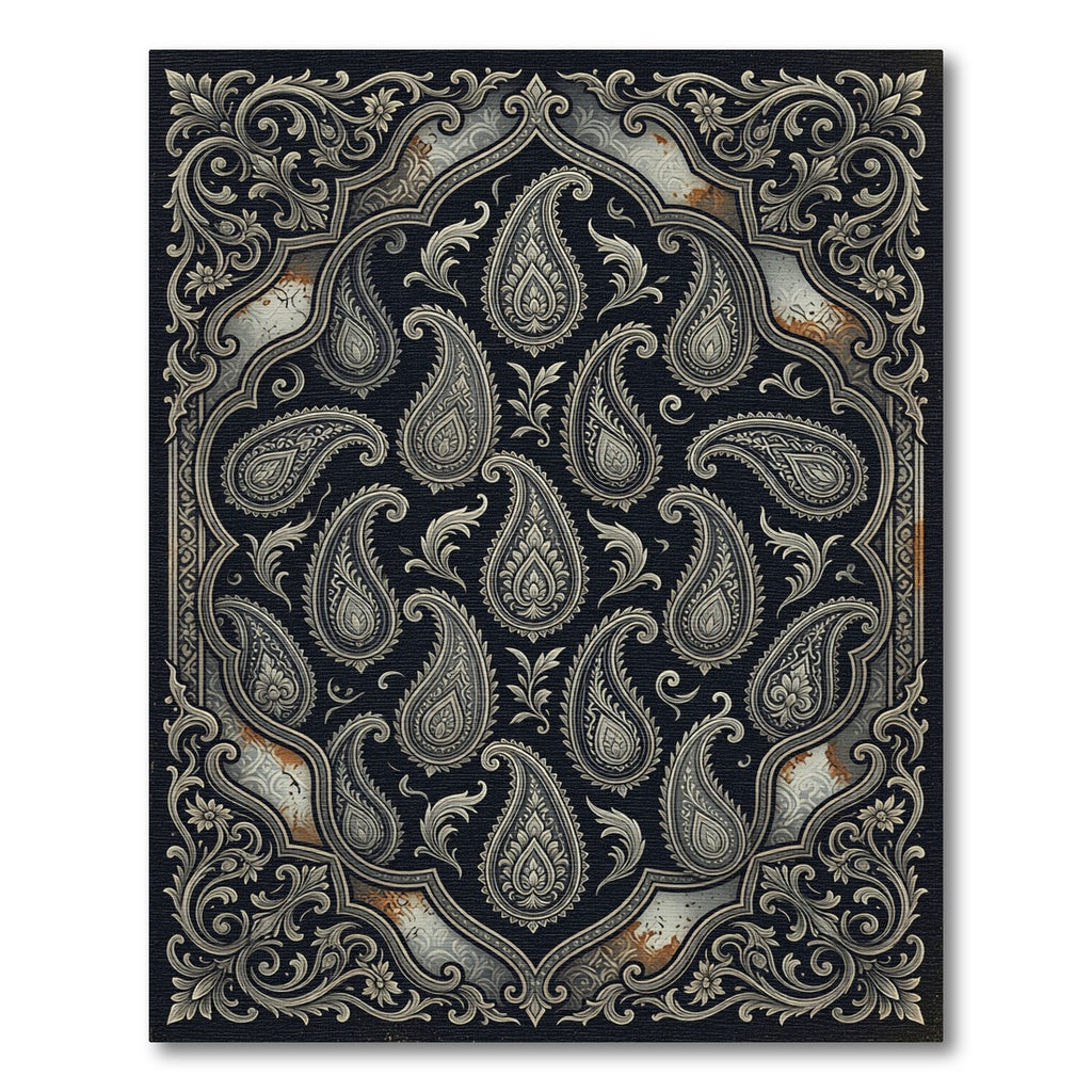 Intricate Black Silver Paisley Damask Rug
