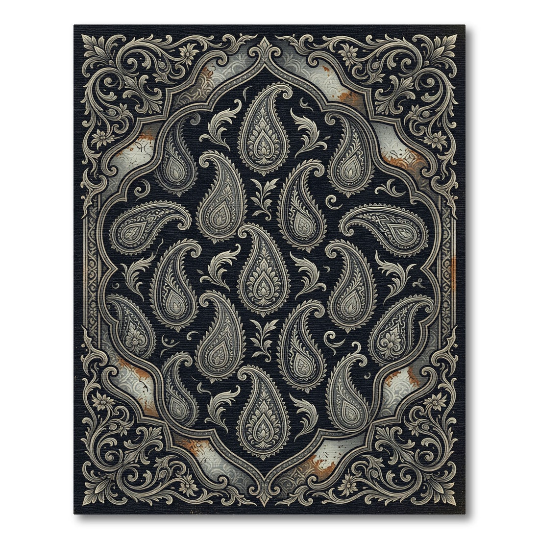 Intricate Black Silver Paisley Damask Rug