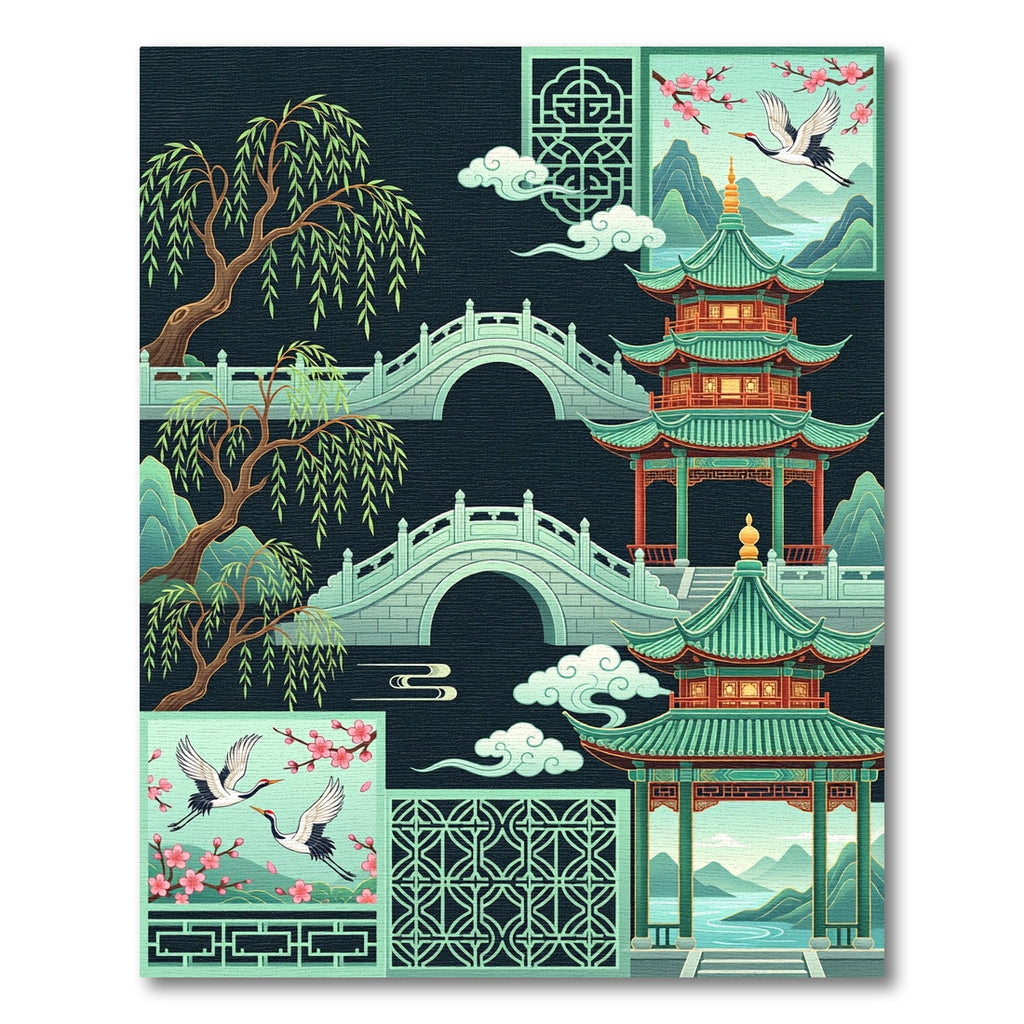 Jade Pagoda Crane Willow Scene Rug