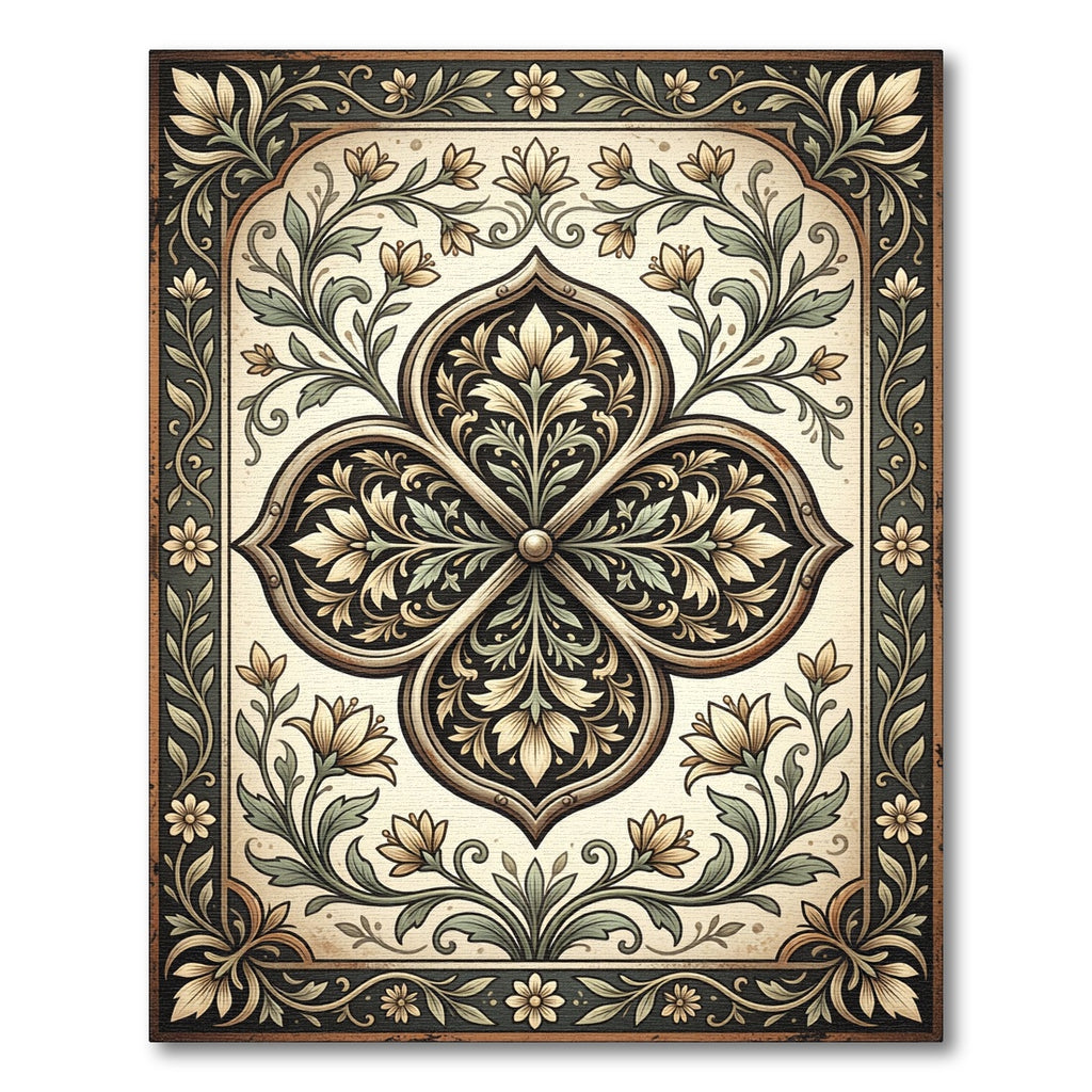 Elegant Cream and Charcoal Botanical Medallion Rug