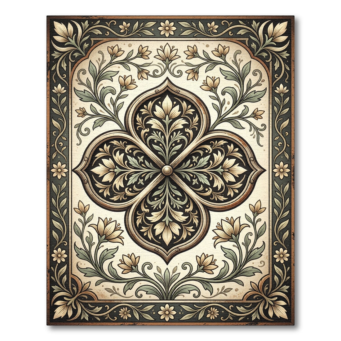 Elegant Cream and Charcoal Botanical Medallion Rug