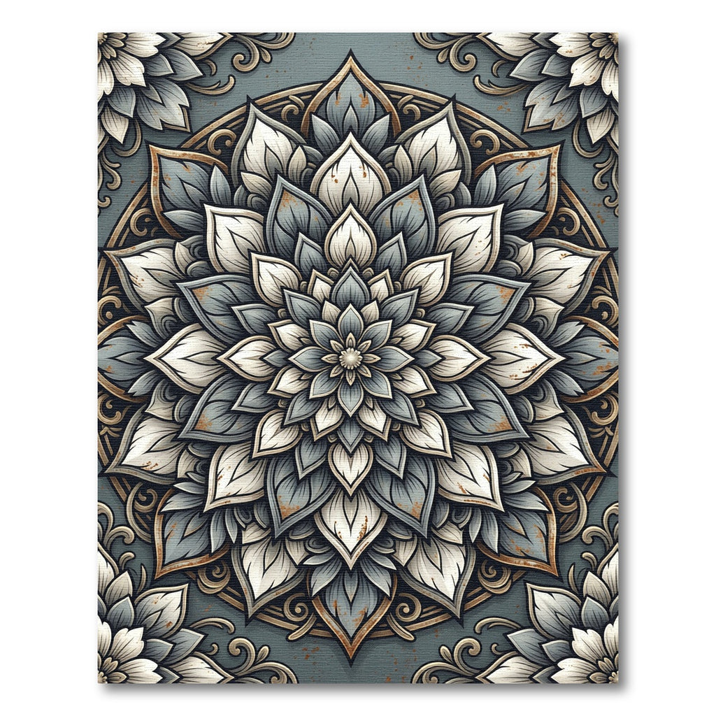 Elegant Slate Blue Floral Mandala Rug