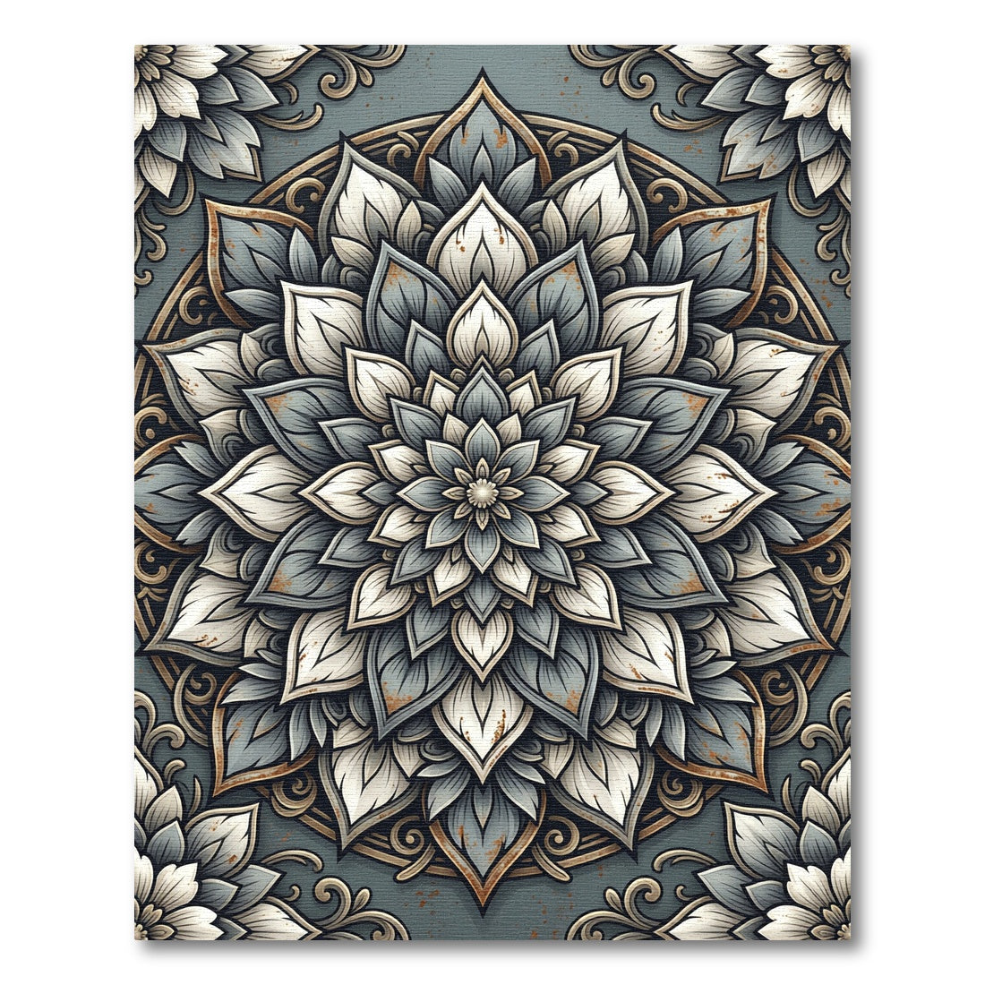 Elegant Slate Blue Floral Mandala Rug