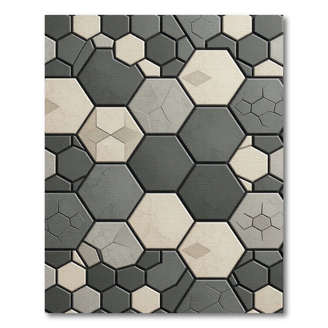 Modern Charcoal and Cream Hexagon Mosaic Rug