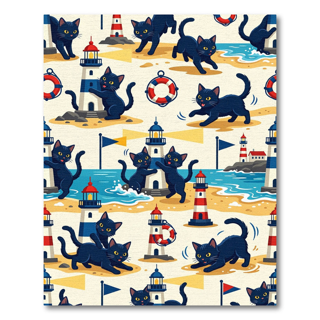 Black Cats Lighthouses Nautical Beach Scene Rug