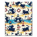 Black Cats Lighthouses Nautical Beach Scene Rug