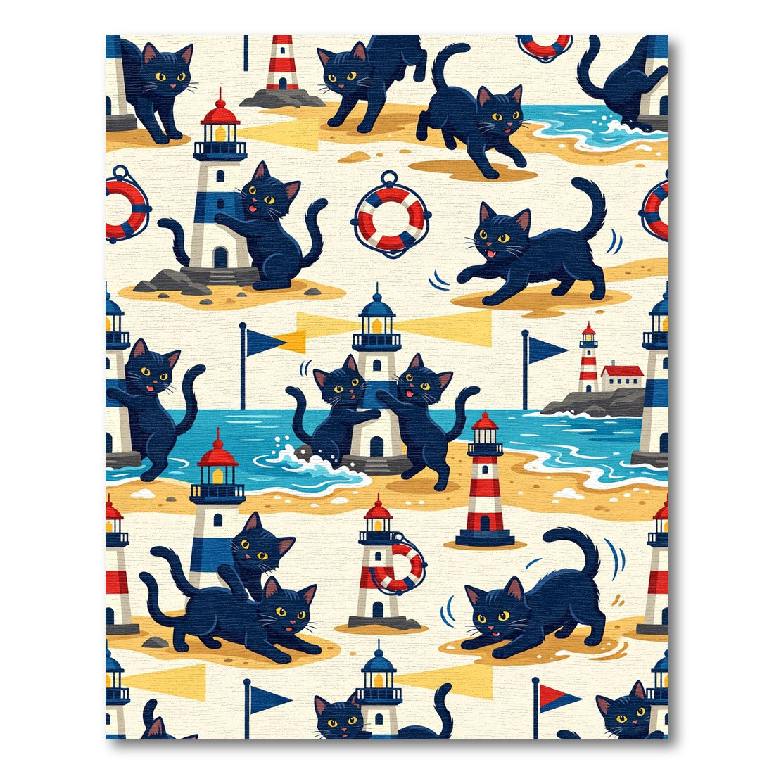 Black Cats Lighthouses Nautical Beach Scene Rug