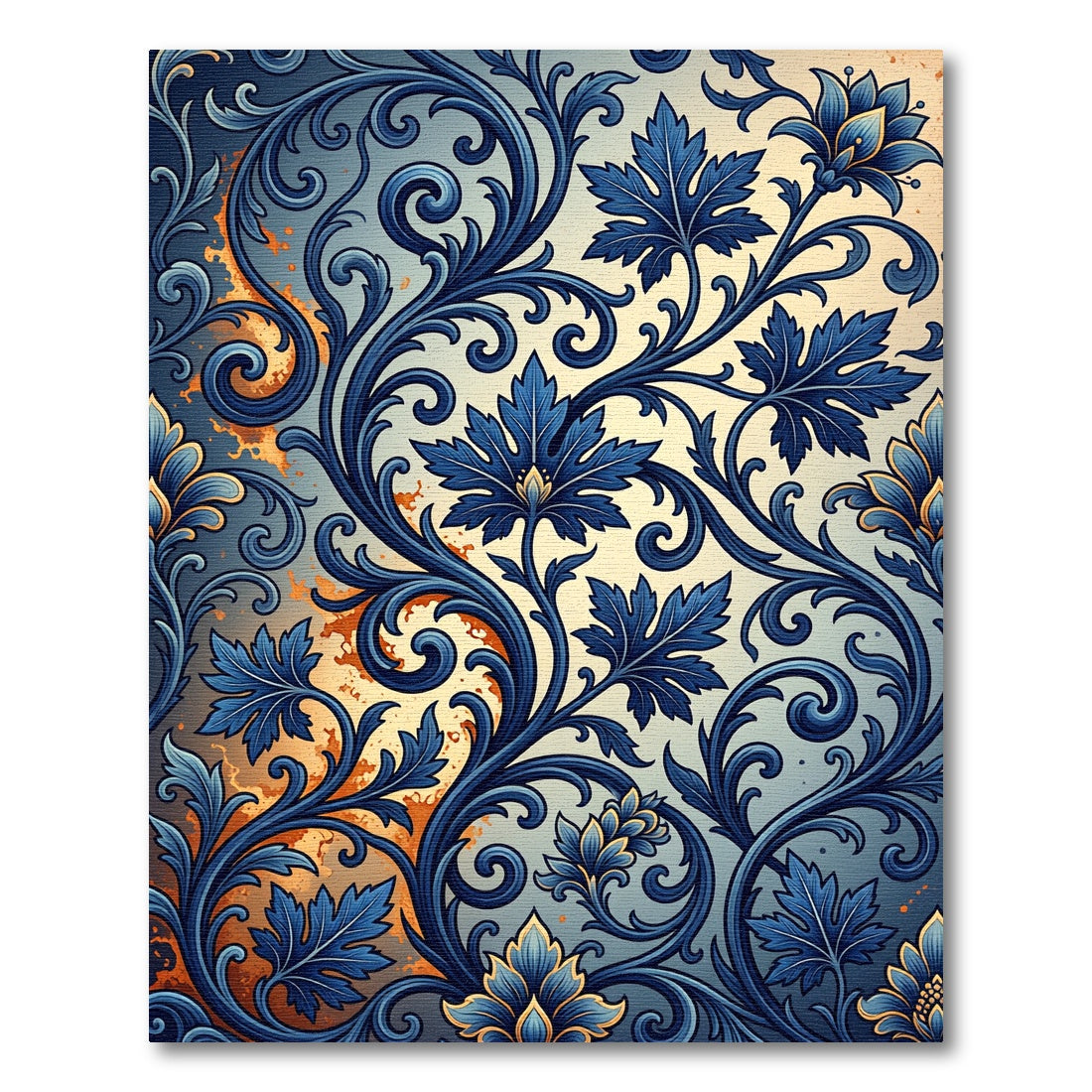 Elegant Navy Blue Swirling Floral Foliage Rug
