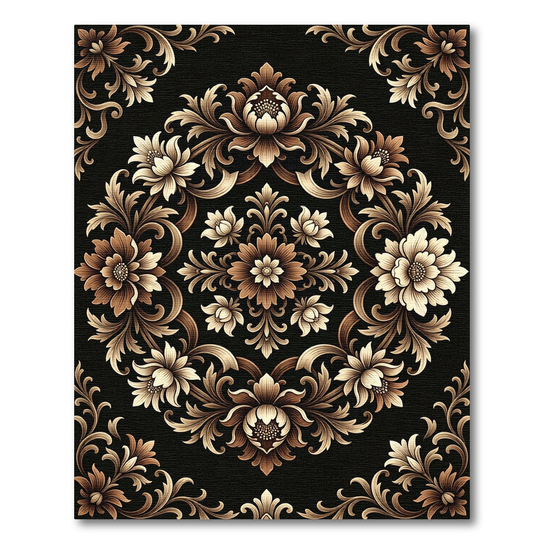 Baroque Floral Medallion Gold Black Rug