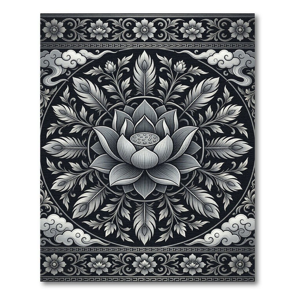 Ornate Silver Lotus Cloud Mandala Rug