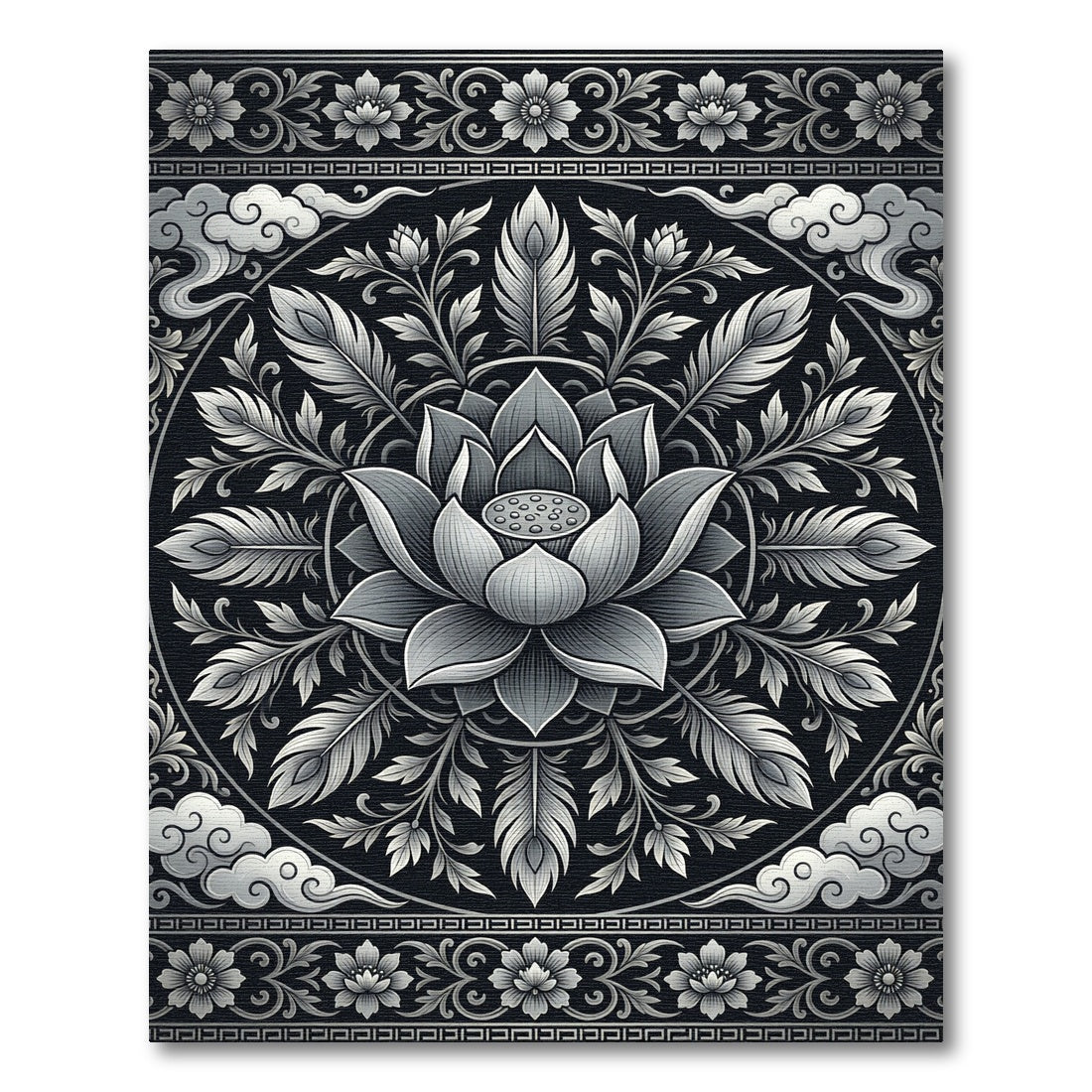 Ornate Silver Lotus Cloud Mandala Rug