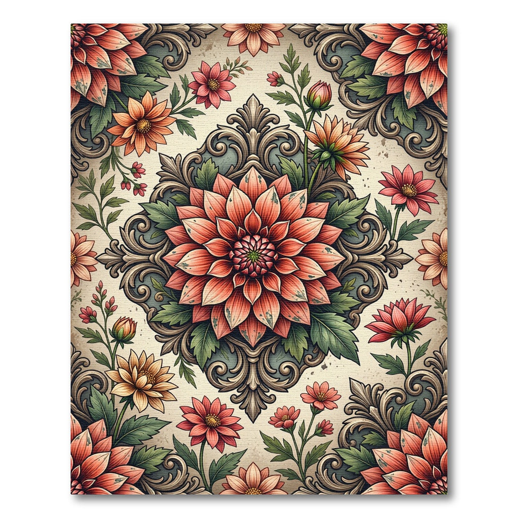 Vintage Peach Floral Damask Medallion Rug