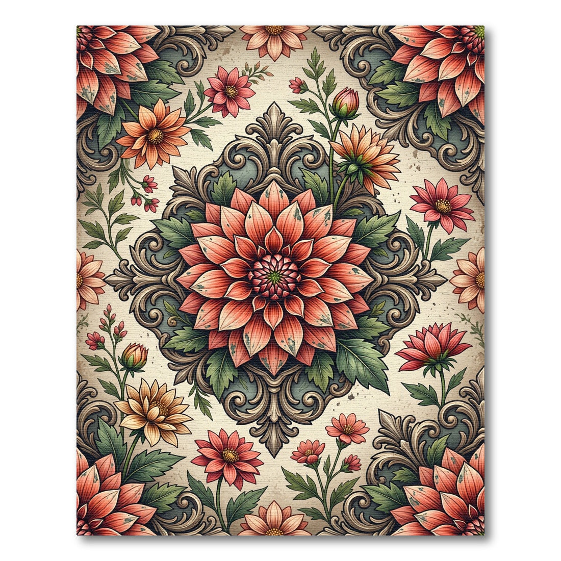 Vintage Peach Floral Damask Medallion Rug