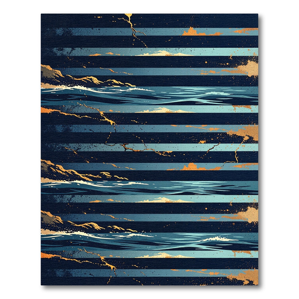 Golden Ocean Waves on Navy Stripes Rug