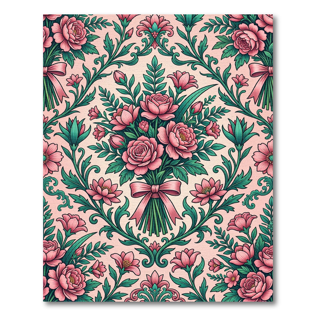 Romantic Pink Rose Victorian Damask Rug