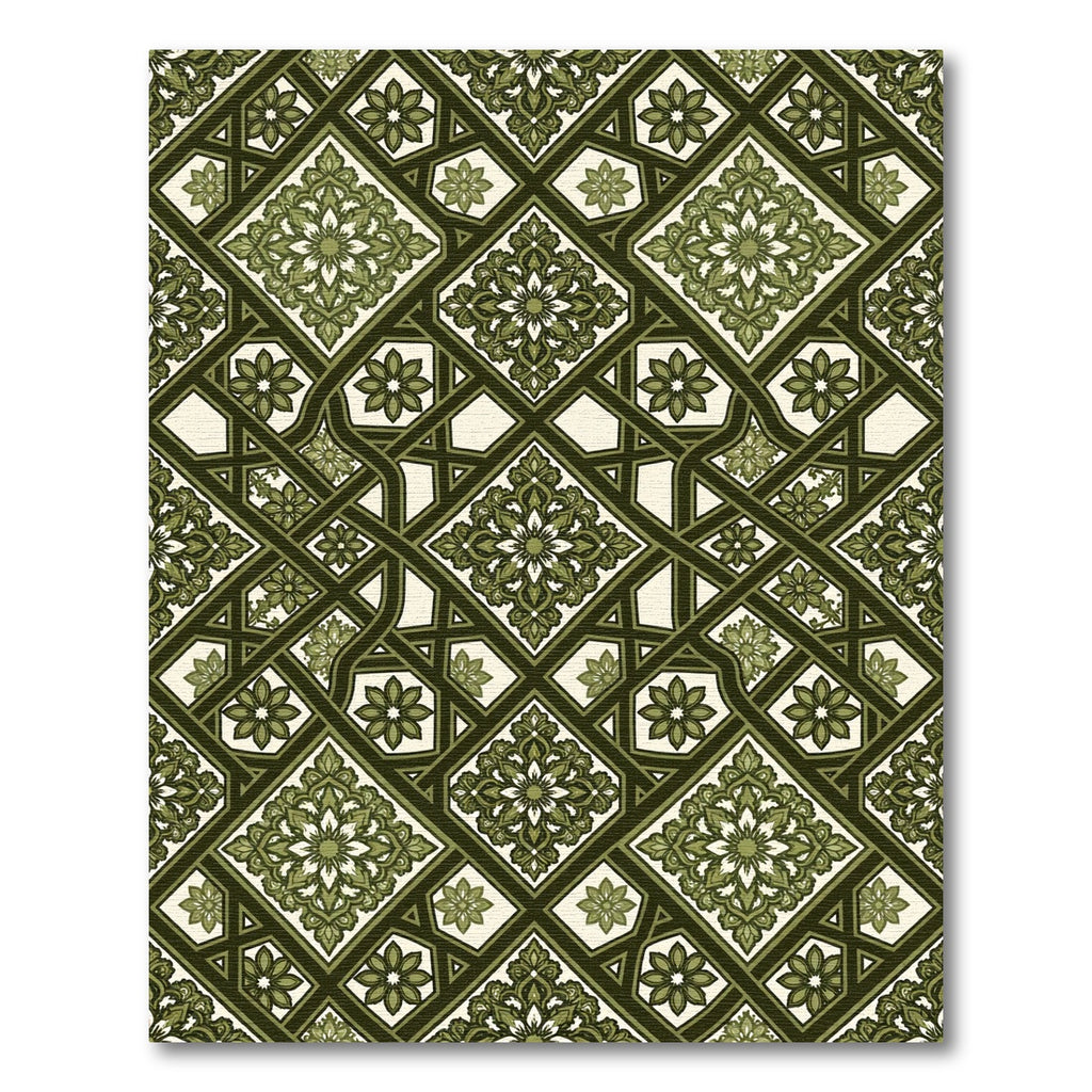 Intricate Forest Green Geometric Floral Tile Rug