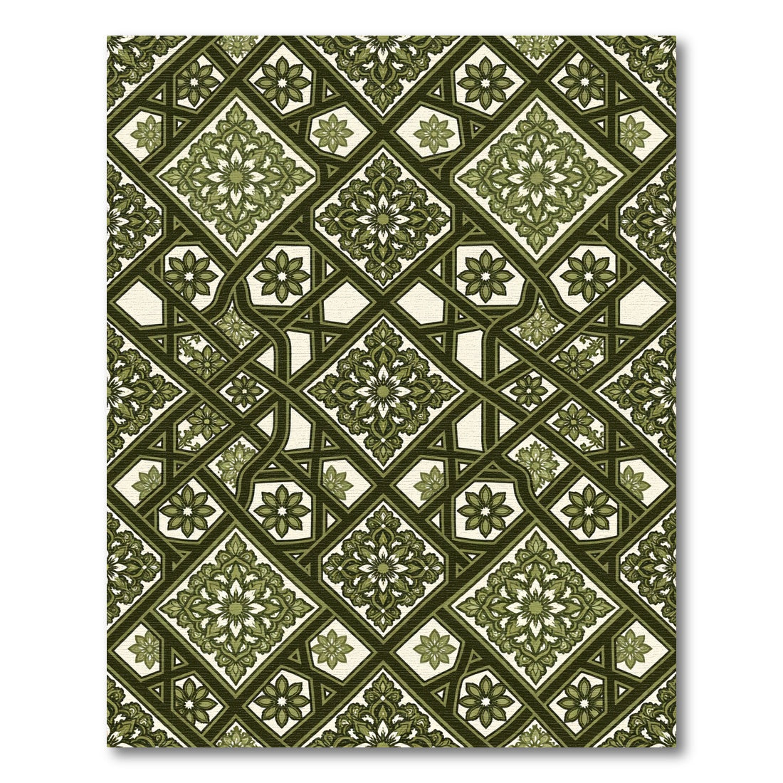 Intricate Forest Green Geometric Floral Tile Rug