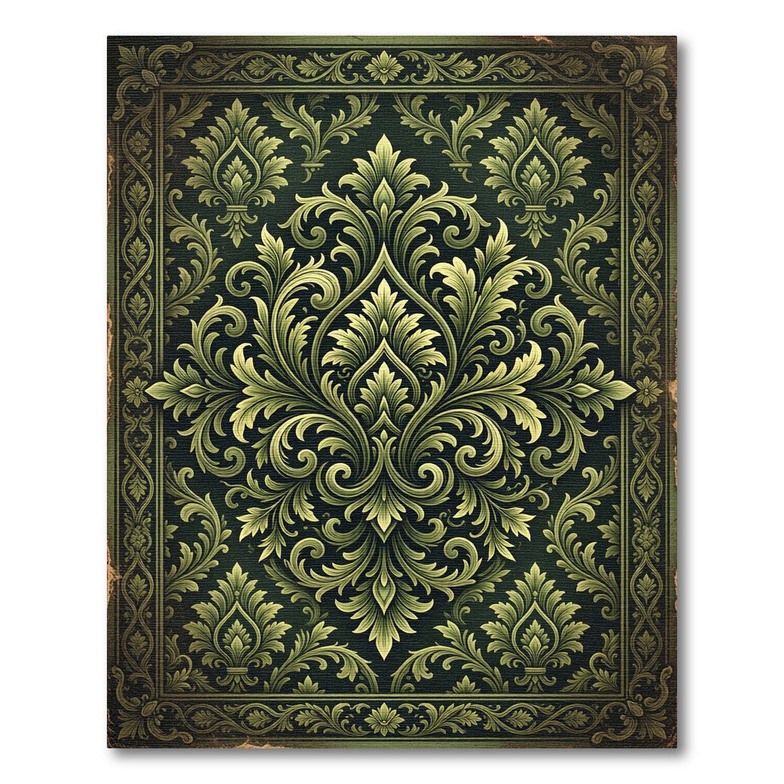 Elegant Dark Olive Damask Scroll Rug
