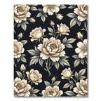 Elegant Cream Peonies on Black Canvas Rug