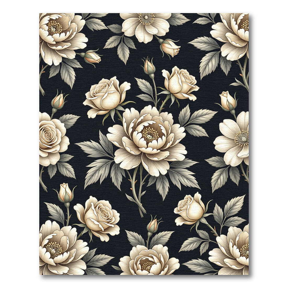 Elegant Cream Peonies on Black Canvas Rug
