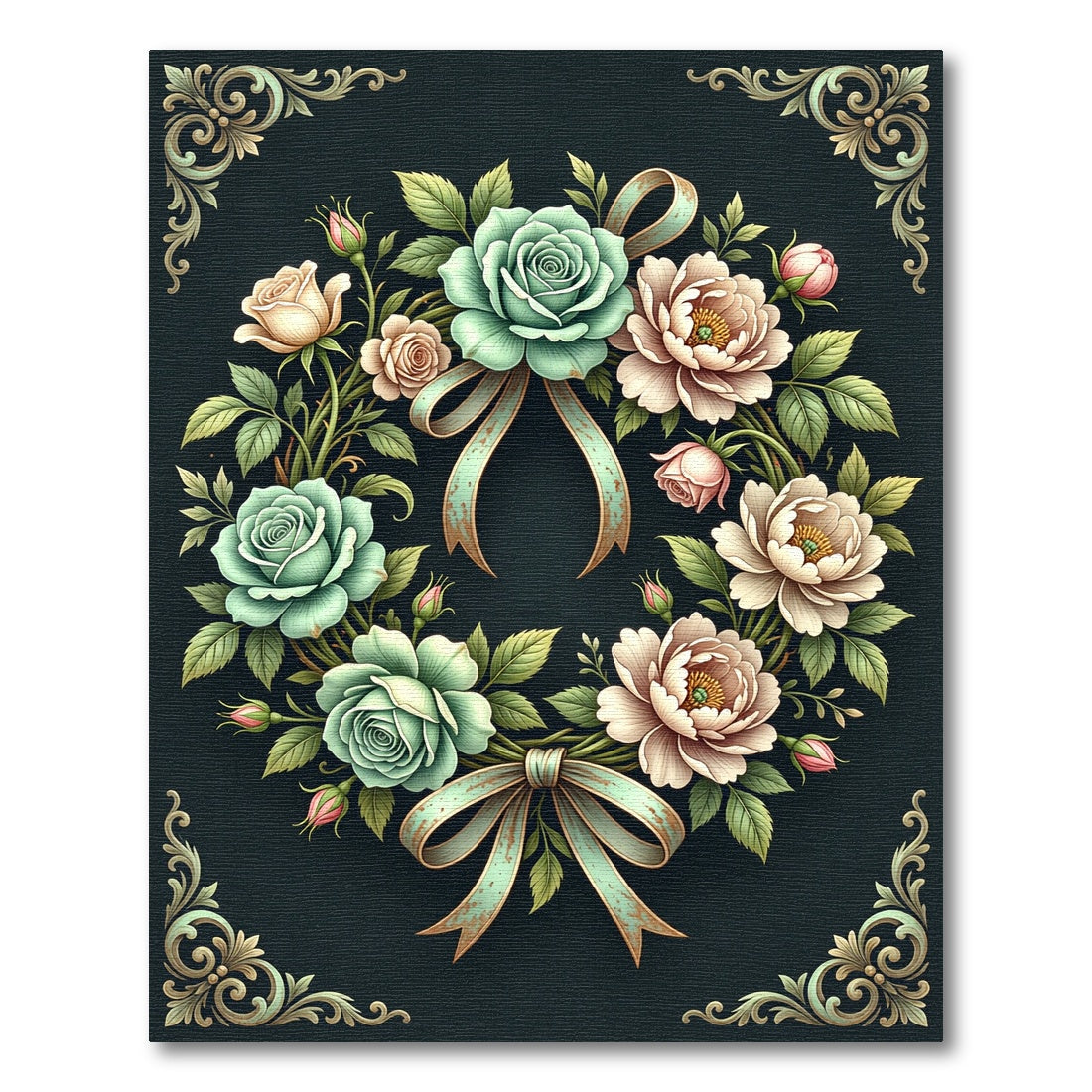 Elegant Teal and Cream Rose Wreath Rug