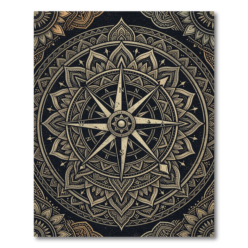 Golden Compass Mandala Black Area Rug