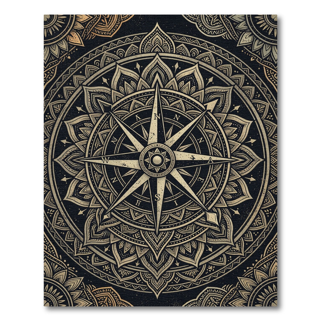 Golden Compass Mandala Black Area Rug