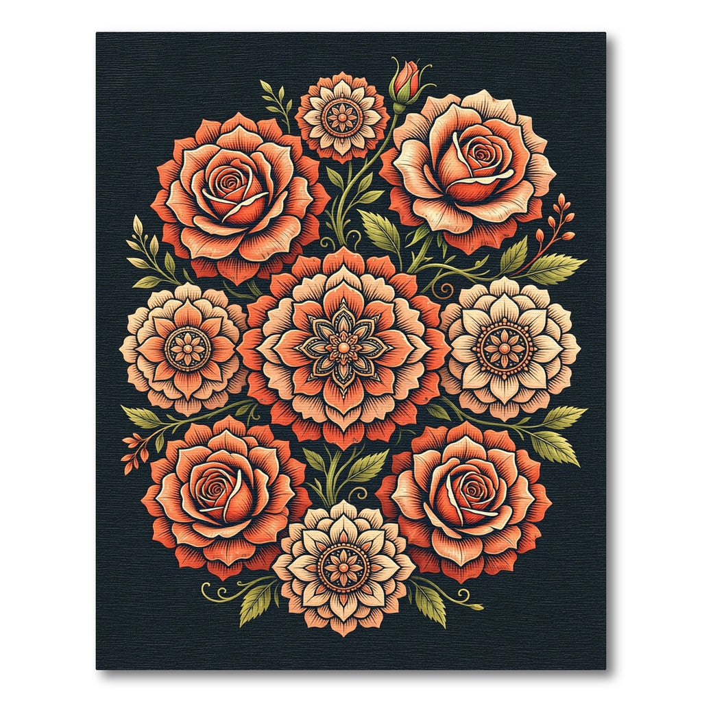 Vibrant Orange Floral Mandala Arrangement Rug
