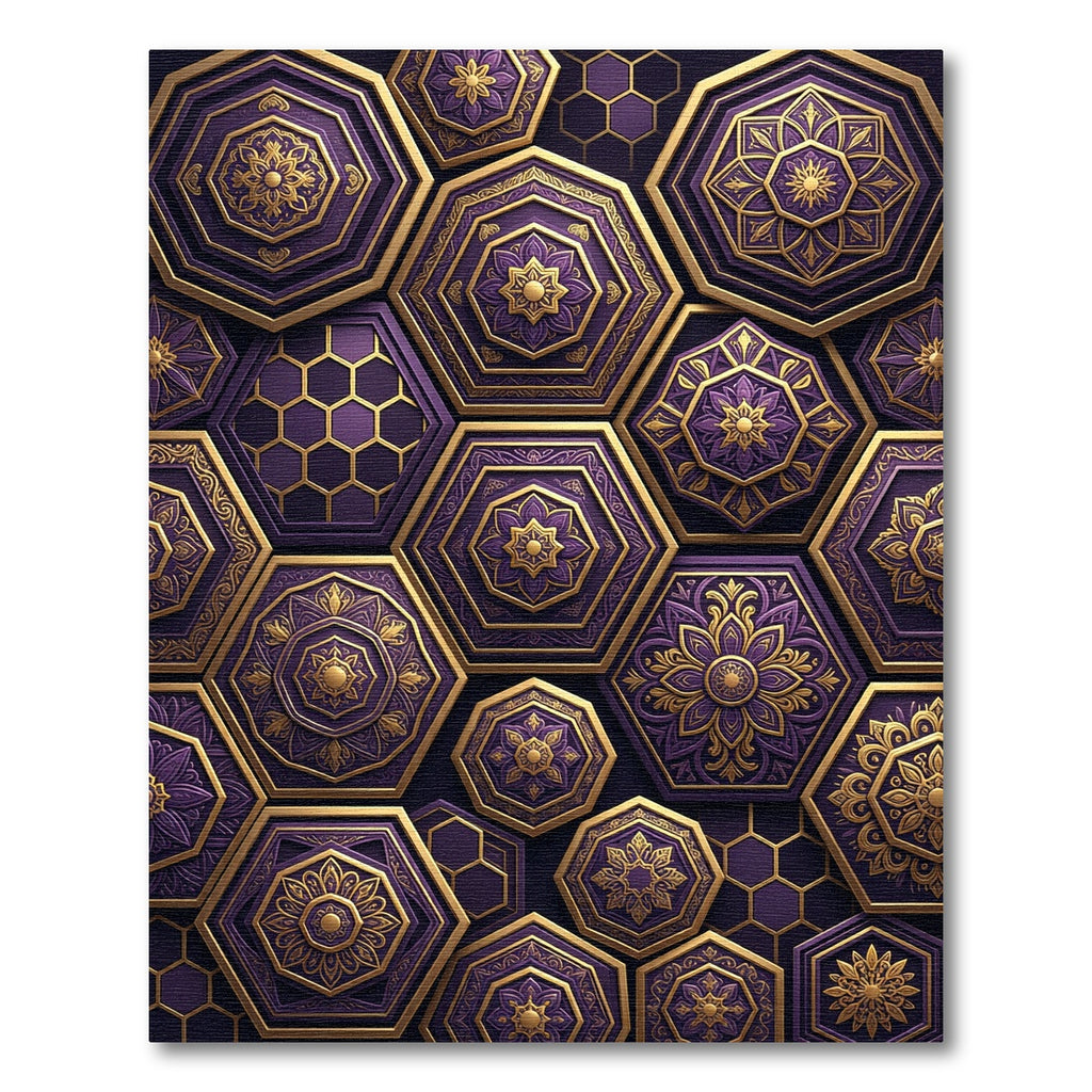 Royal Purple Hexagonal Gold Floral Mosaic Rug