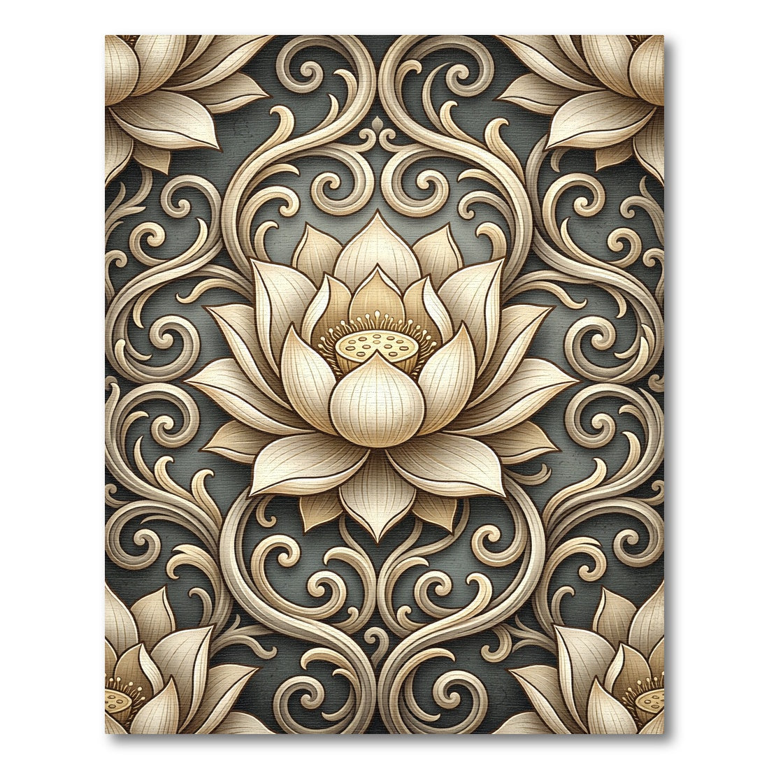 Elegant Gold Lotus Scroll Woven Art Rug